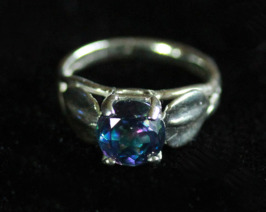 Sterling Silver Leaf Ring with Mystic Topaz